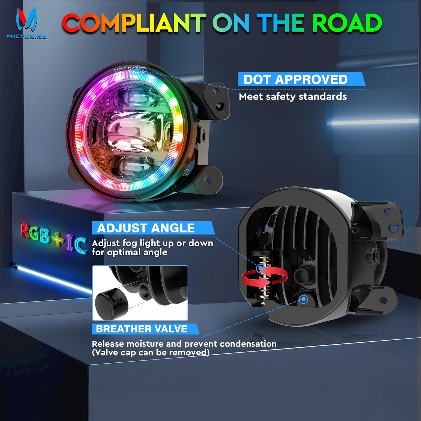 MICTUNING J1 RGB+IC 7-inch LED Headlights with Fog Lights, Multi-color Chasing App Control Compatible with 1997-2018 Jeep Wrangler TJ JK Chevy Ford GMC, DOT Approved, Anti-glare 1000% Brighter