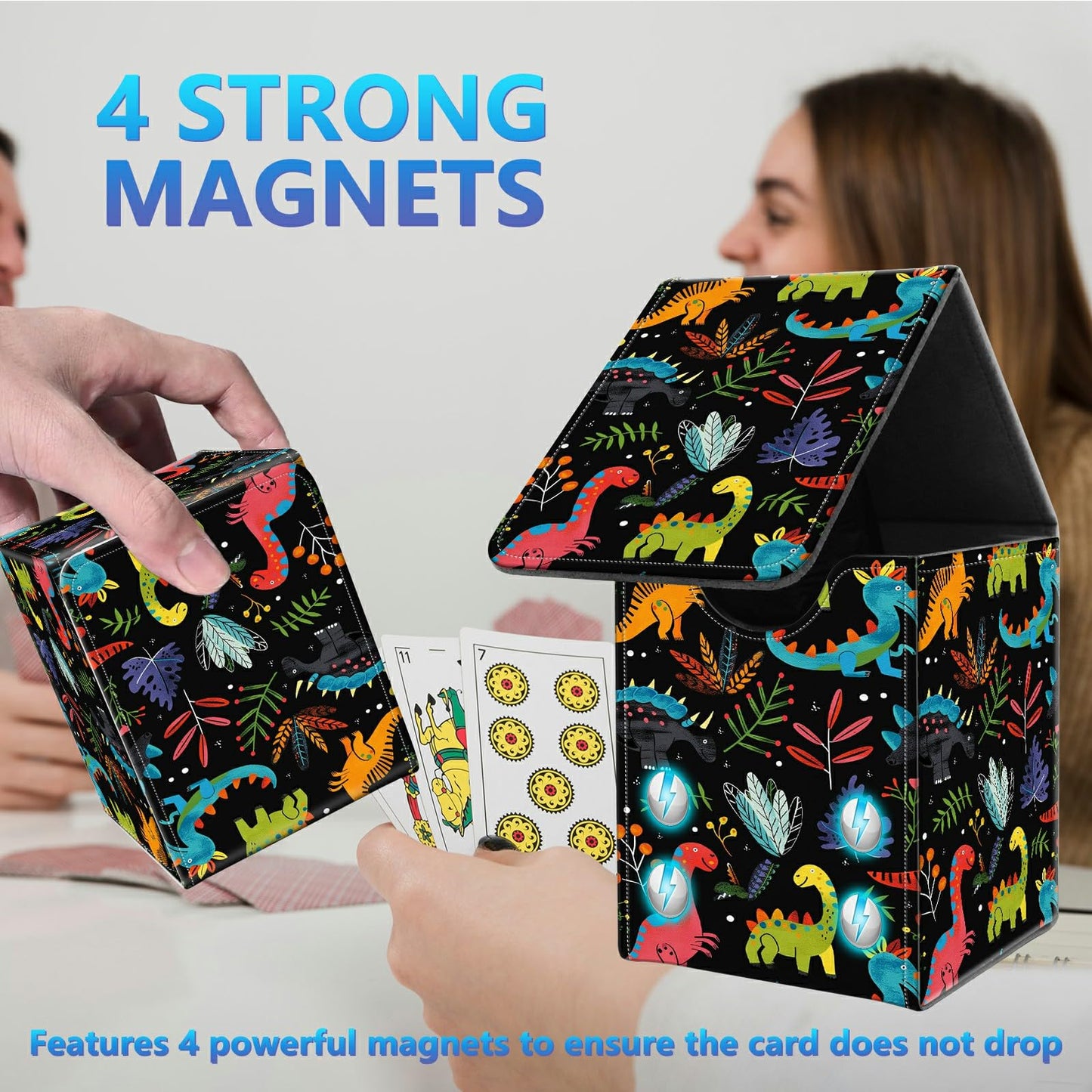 BREIDMKFM Card Deck Box for Trading Cards, MTG Commander Deck Box Fits 100+ Single Sleeved Cards, Leather Magnetic Card Storage Box for YuGiOh TCG CCG Cards, Dinosaur Leaves