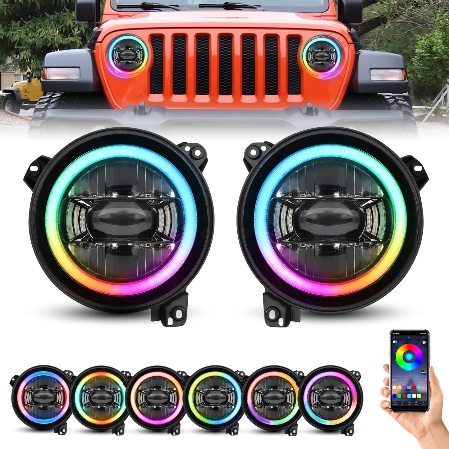 BEEYEO 9 inch LED Headlights RGB Halo Ring 9” Round Front Head Light, Remote Phone APP Control DOT Approved for Wrangler JL 2018 2019 2020 2021, Gladiator JT 2019 2020 2021