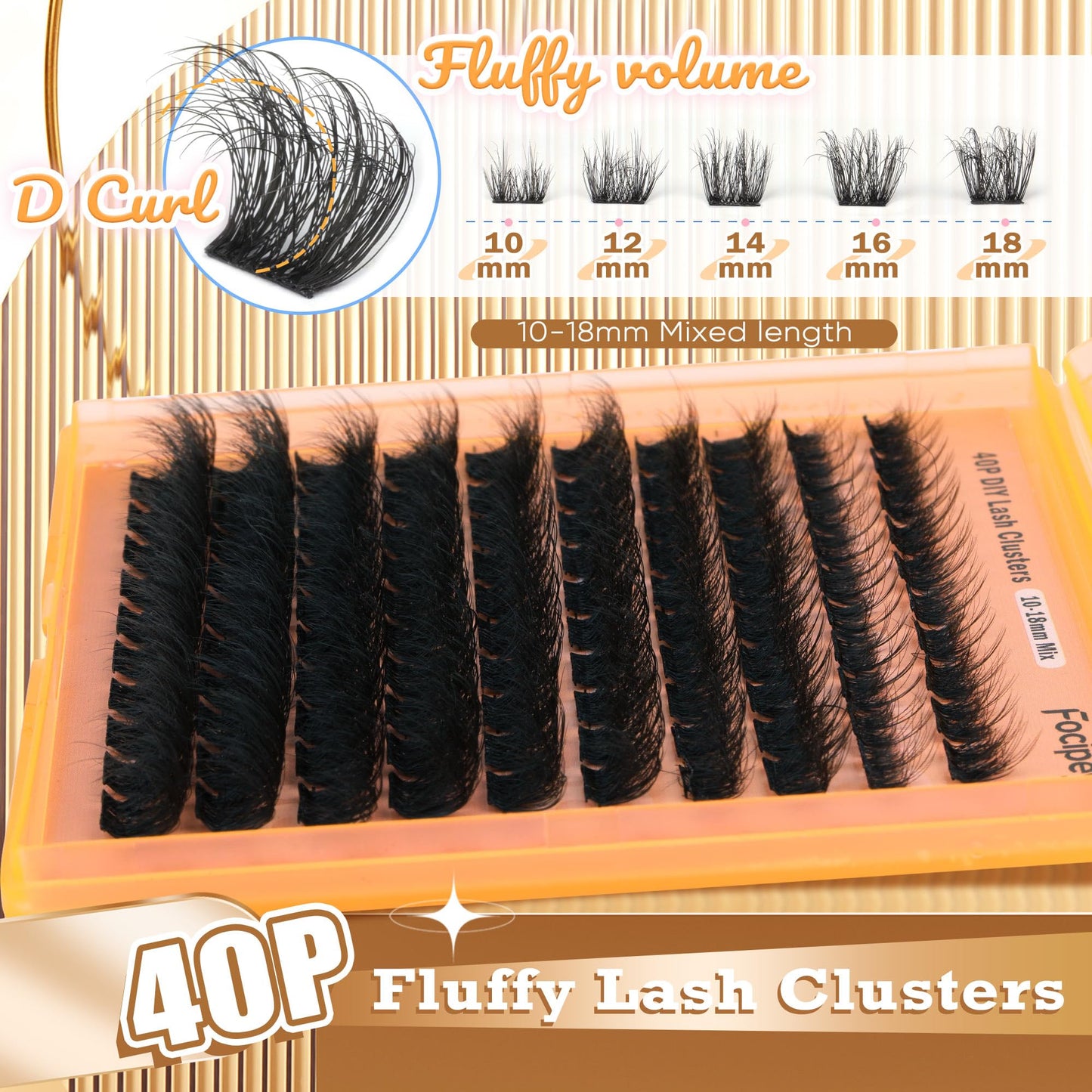 Focipeysa Thick Lash Extension Kit Fluffy Lash Clusters 40P Eyelash Extension Kit DIY Lash Extension Kit with Bond and Seal Glue, Lash Applicator DIY at Home for Beginner (40P 10-18MM)