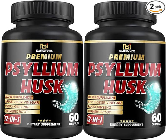 BMVINVOL (2 Packs) Premium Psyllium Husk Capsules - 4 Months Supply - Ginger, Fenugreek, Turmeric - Psyllium Fiber Capsules for Supports Digestion & Regularity