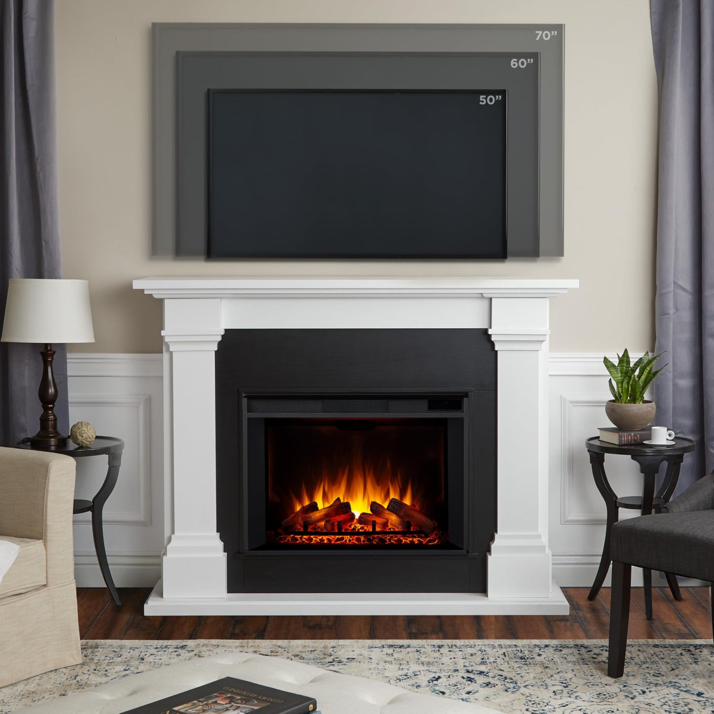 Real Flame Callaway 63" Grand Electric Fireplace with Mantel in White, Free-Standing Oversized Indoor Electric Fireplace with Mantel, Adjustable Thermostat, Automatic Safety Shut-Off