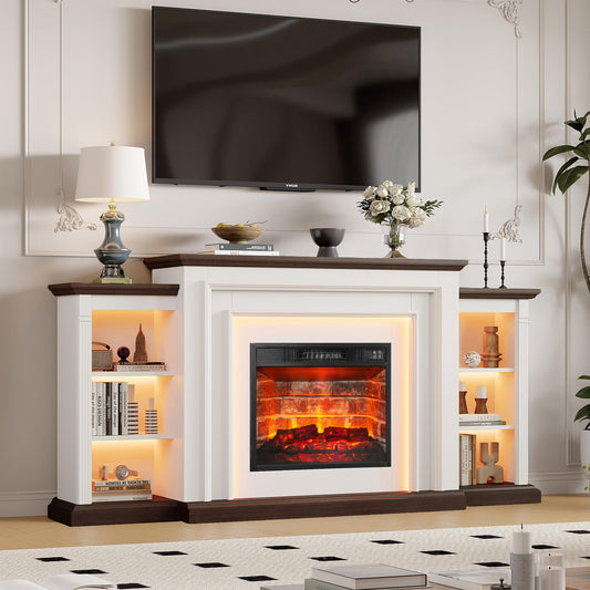 72" LED Electric Fireplace with Mantel, Fireplace TV Stand for 80 Inch TV, Entertainment Center with 23'' Red Brick Fireplace, Delicate Three-Dimensional Molding with Remote Control for Living Room