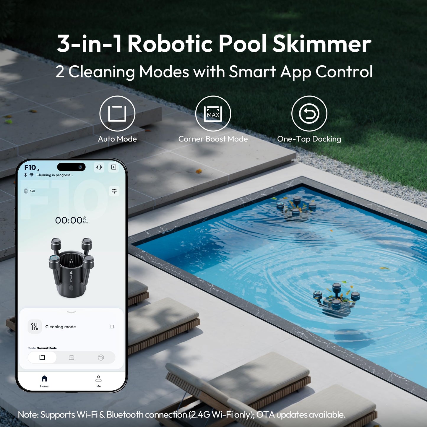 BUBLUE F10 Robotic Surface Skimmer, Pool Cleaner with Powerful Suction, Dual Motor, 5L Filter, Dual Cleaning Modes, Smart App Control, One-Tap Docking, LED, AI Navigation, for Pools up to 538 Sq.Ft.