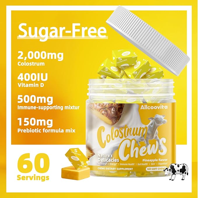 Bovine Colostrum Chews Supplement with probiotics for Gut Health, Bloating, Immune Support, Skin, Hair Growth and Beauty - Pineapple Flavor (60 Servings)