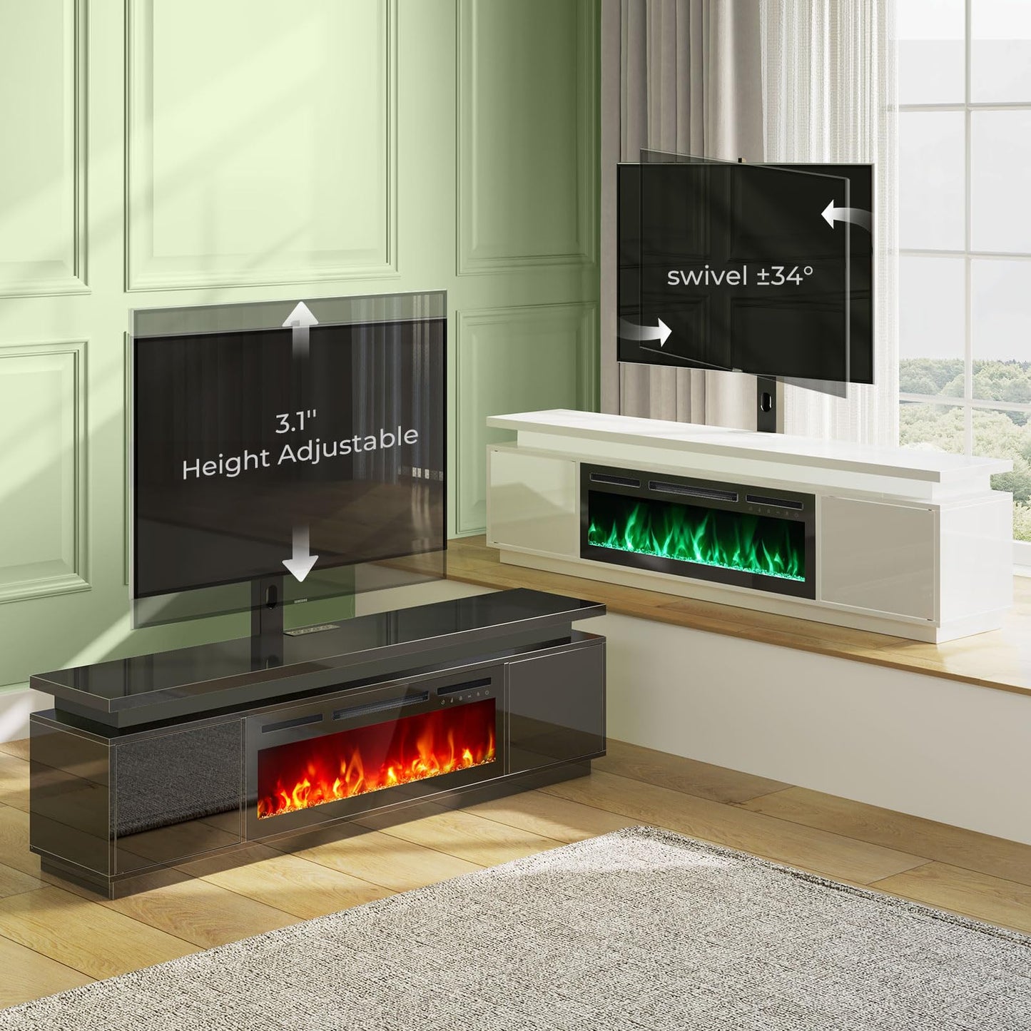 Rolanstar Fireplace TV Stand with Led Lights and Power Outlets, TV Stand Mount with 36" Electric Fireplace, White Entertainment Center for 45/50/55/60/65/70 inch TVs, Modern TV Console for Living Room