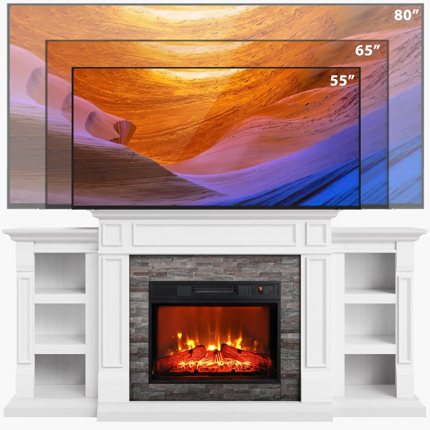 72" Electric Fireplace with Mantel, Fireplace TV Stand for TVs Up to 80 Inch, Modern Entertainment Center with Storage, Realistic Stacked Stone Surround with Remote Control for Living Room, Bedroom