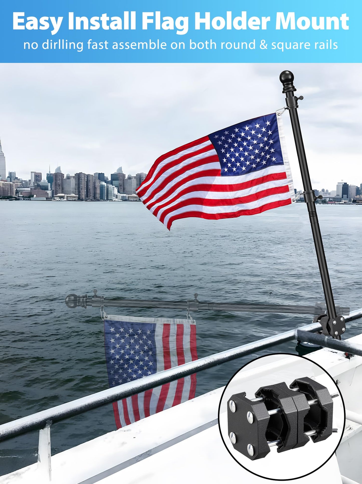 Boat Flag Pole, Pontoon Boat Accessories Flag Pole Kit, 75 in Flag Pole with 12”x18” American Flag, Adjustable Holder Mount, Tangle Free Rings, Metal Black Marine Flags Pole Fit 0.5”-1.1” Yacht Rails