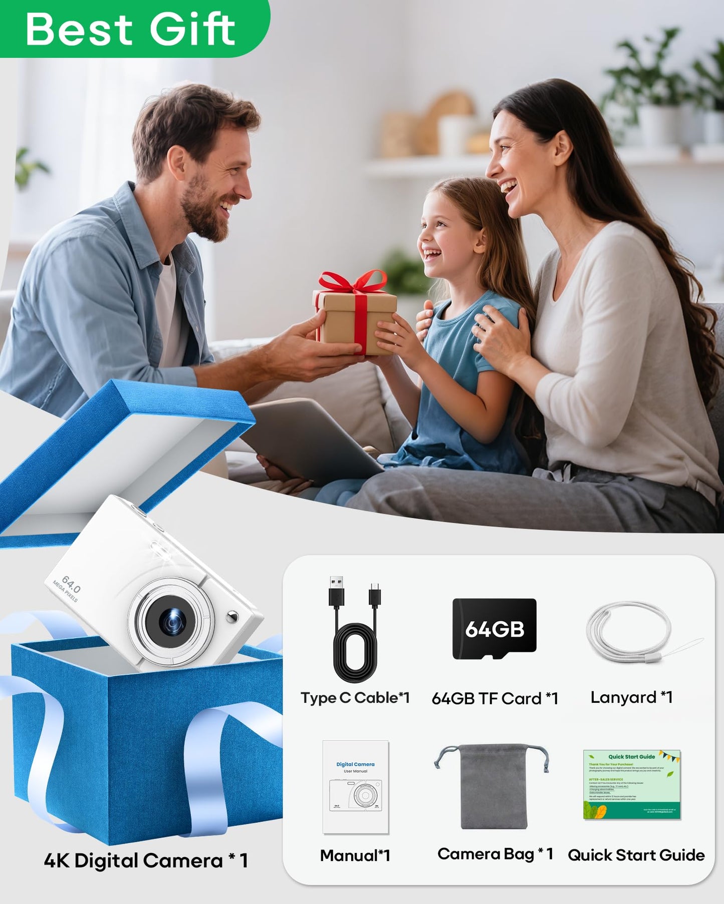 Digital Camera, 4K Vlogging Camera with Autofocus, 64MP, 16X Zoom, 64GB Card Included, Built-in Battery, Compact Digital Camera for Teens Adult Beginners, Ideal for Travel & YouTube - White