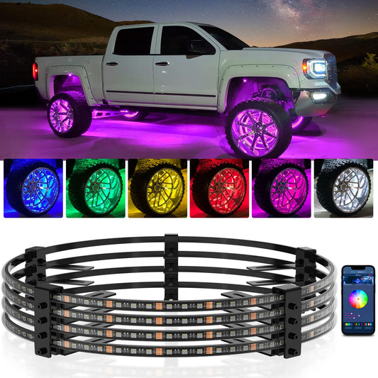 MICTUNING 17.5" V1 RGBW LED Wheel Lights Kit with APP Control & Music Sync Turn Signal, Brake Function, Pure Colors Neon Wheel Rim Lights for Trucks, SUVs, Cars (4PCS, Single Row)