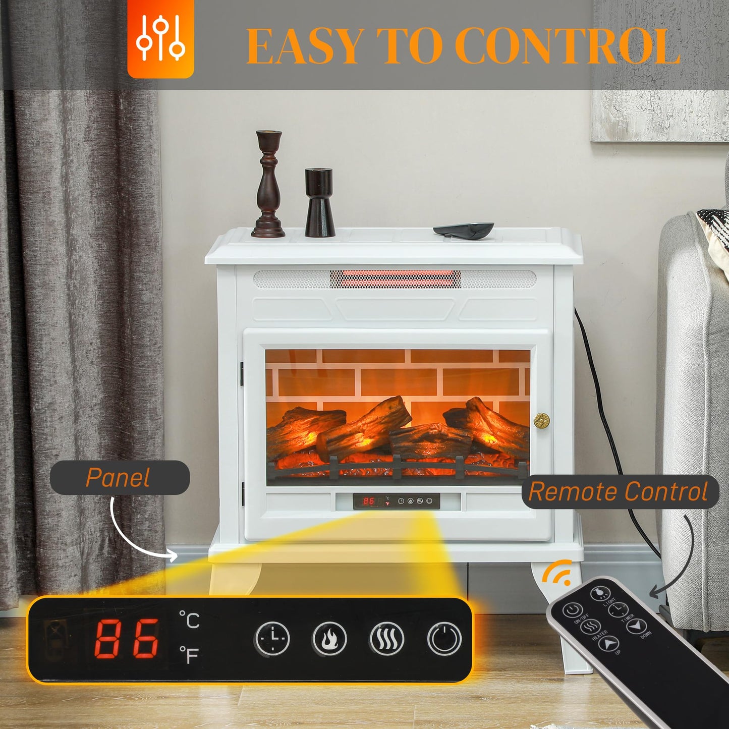 HOMCOM Electric Fireplace Stove, 24" Freestanding Electric Fireplace Infrared Heater with Remote, Adjustable 3D Flame Effect, Thermostat, Overheat Protection, 1000W/1500W, White