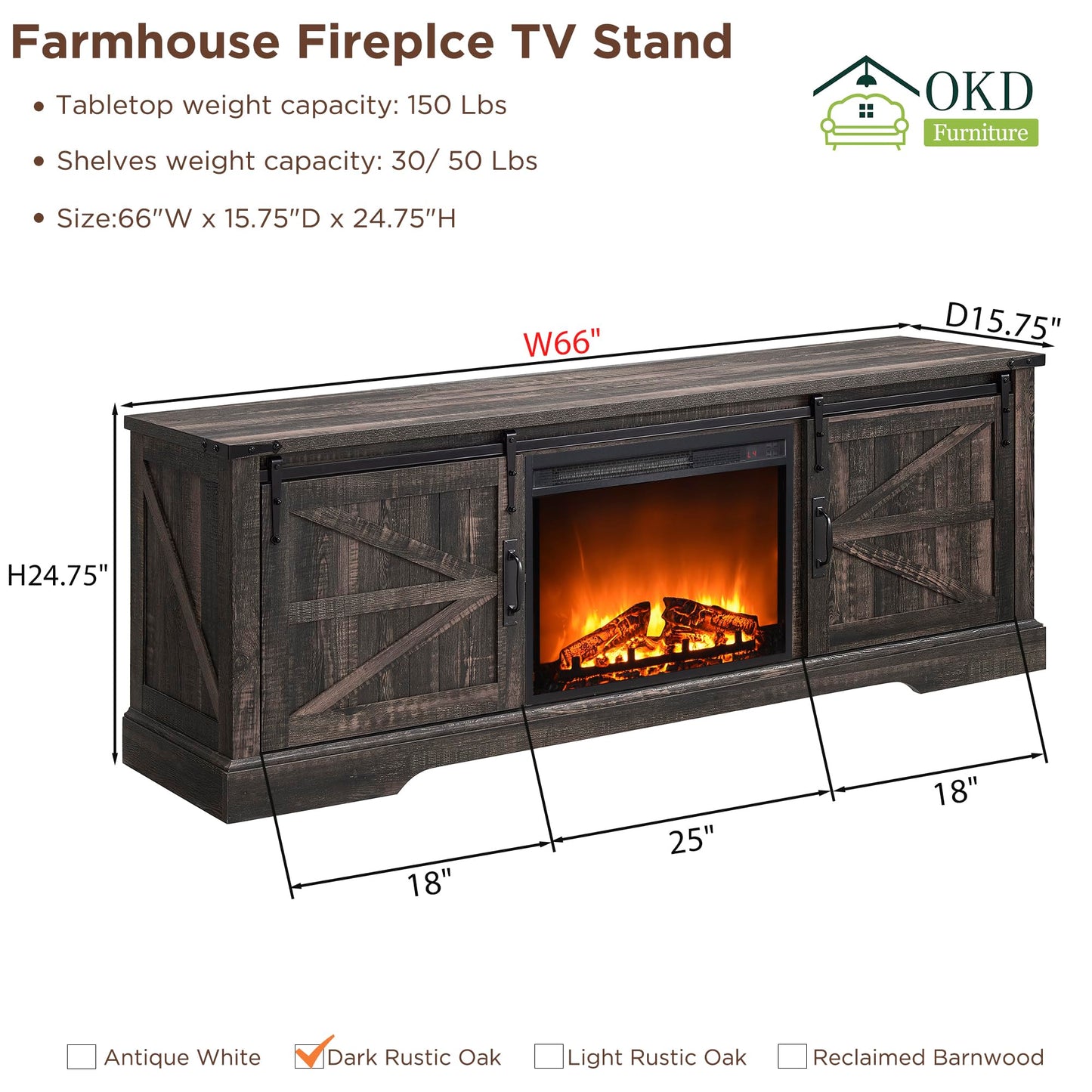 OKD Fireplace TV Stand for 70 75 Inch TV, 66 Inch Farmhouse Entertainment Center with 23" Electric Fireplace, Remote Control, Large Rustic Media Console Cabinet with Sliding Barn Door, Dark Rustic Oak