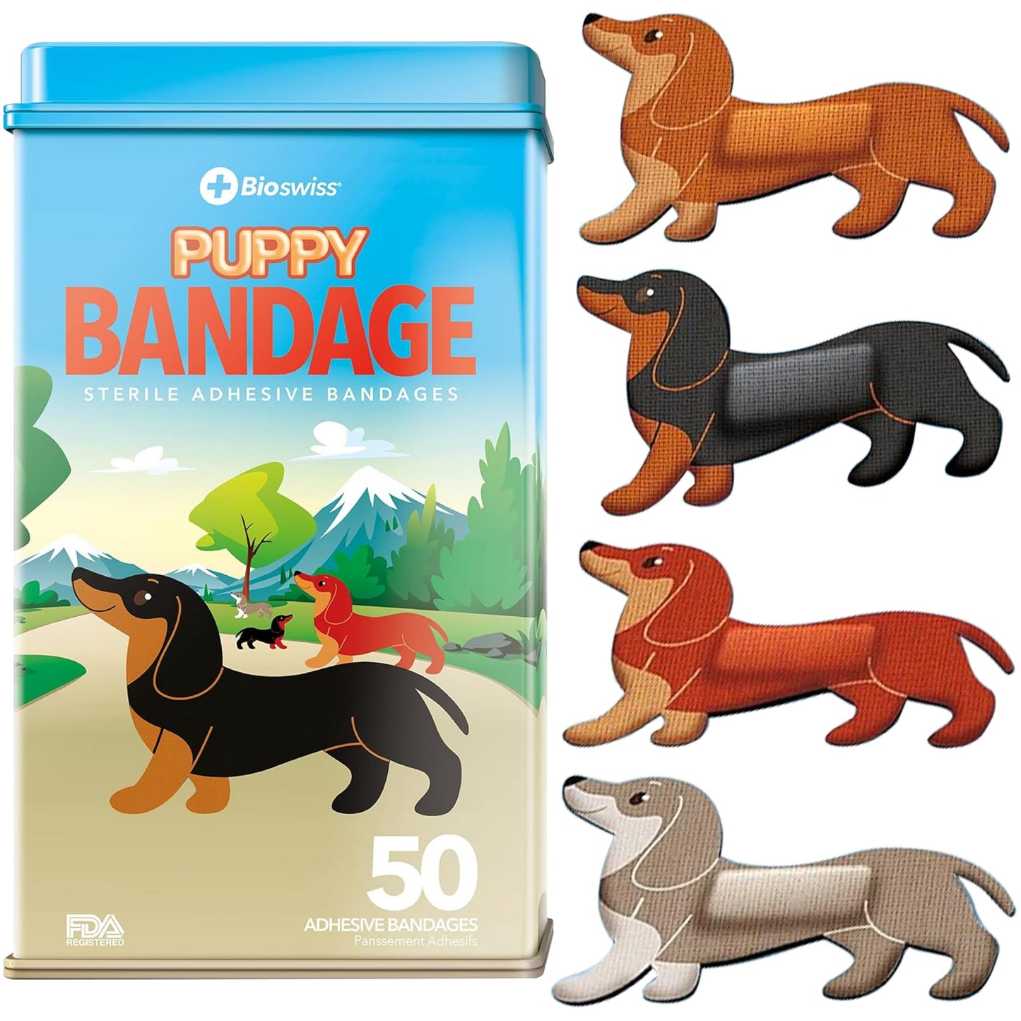 BioSwiss Bandages, Puppy Shaped Self Adhesive Bandage, Latex Free Sterile Wound Care, 50 Count