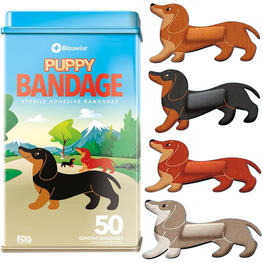 BioSwiss Bandages, Puppy Shaped Self Adhesive Bandage, Latex Free Sterile Wound Care, 50 Count