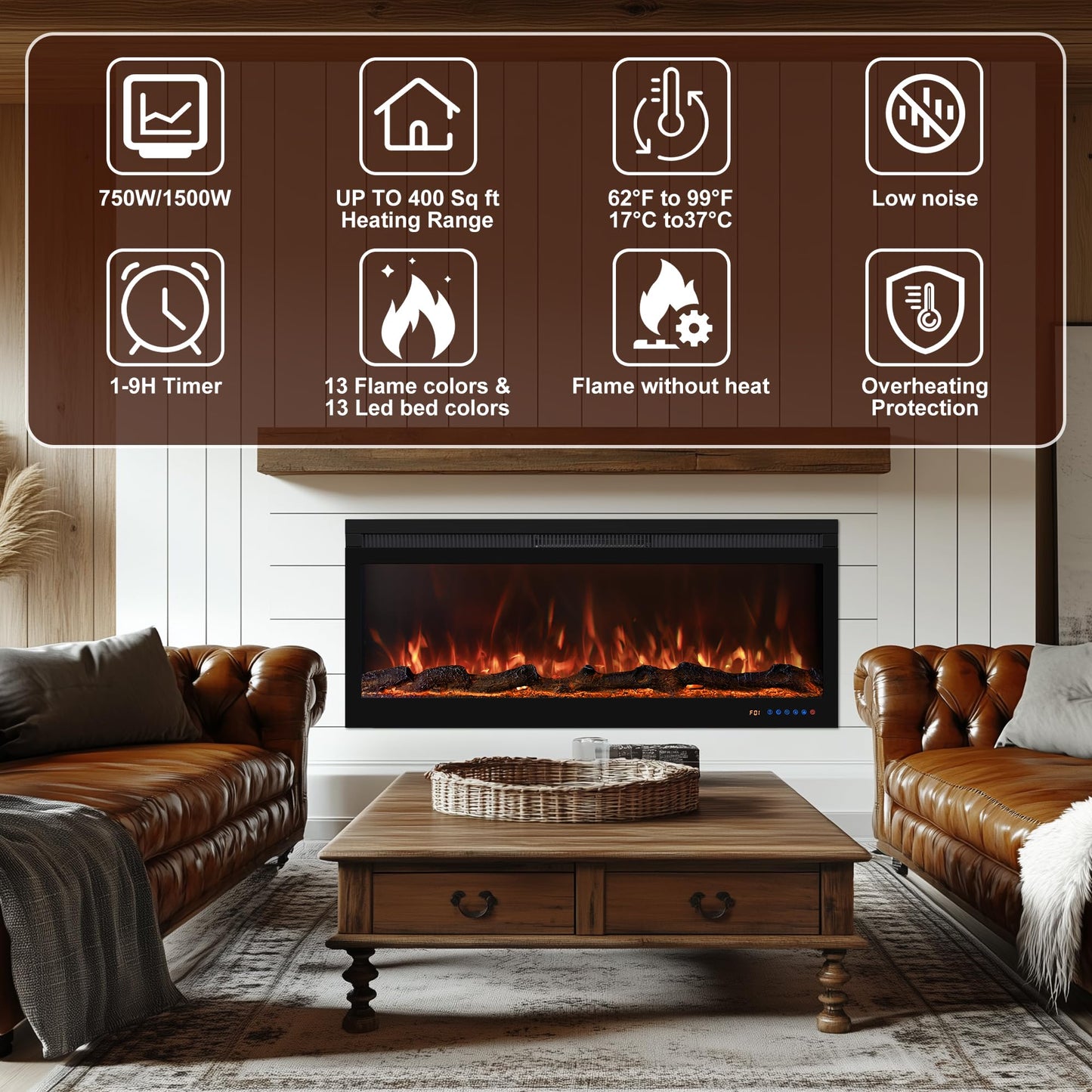 Oxhark Flame Smart 42 Inch Wall Mounted and Recessed Electric Fireplace Inserts, App & Remote & Touch Screen Control, 13X13 Flame & Fuel Bed Color Combinations, 750W/1500W, Black