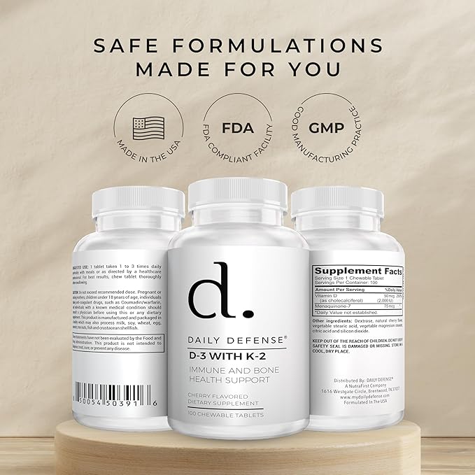 Immune Defense Supplements Vitamin D3 K2 2000IU for Heart Health, Daily Immune Support, Mental Clarity, & Muscle Function - 100 Chewable Tablets