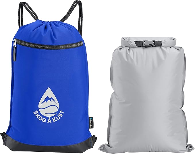 Skog Å Kust GymSak | Patented 2-in-1 Drawstring Cinch Bag with Removable Waterproof Dry Bag | Blue & Grey