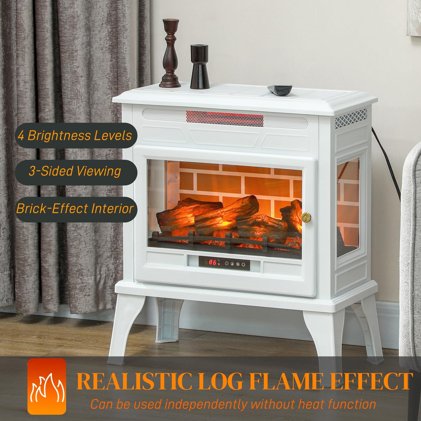 HOMCOM Electric Fireplace Stove, 24" Freestanding Electric Fireplace Infrared Heater with Remote, Adjustable 3D Flame Effect, Thermostat, Overheat Protection, 1000W/1500W, White