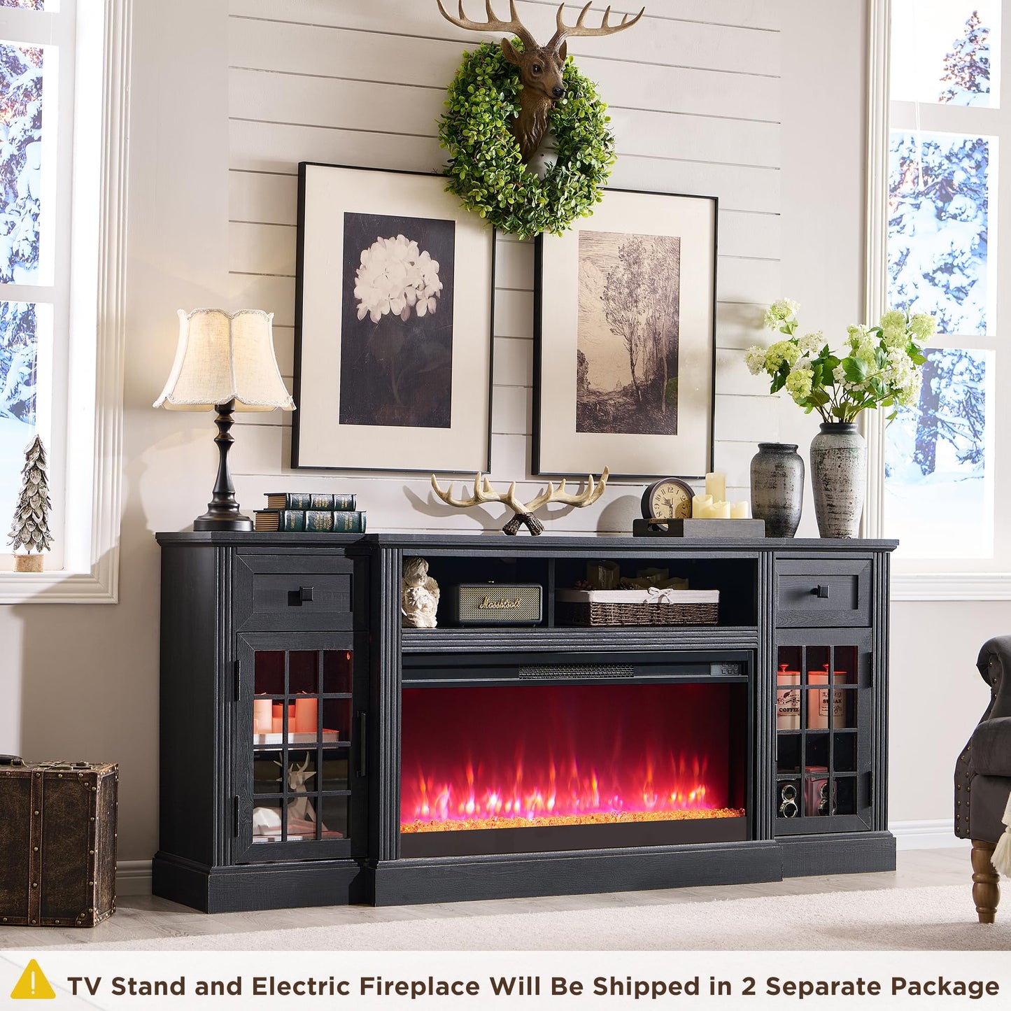 ACCOHOHO Farmhouse Fireplace TV Stand for 80 Inch TV, Entertainment Center w/ 36'' Electric Fireplace & LED Lights, Mordern Media Console with Storage Drawers & Cabinets for Living Room, Black