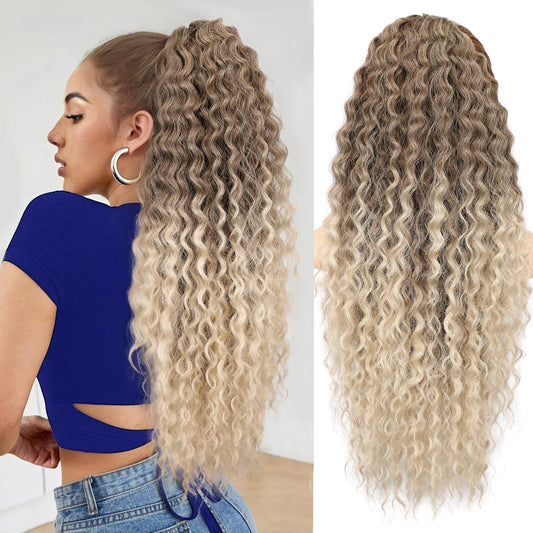 Isaic Ponytail Extensions 26inch Drawstring Ponytail Extensions for Women Long Curly Ombre Brown Mix Blonde Ponytail Synthetic Hair Extensions for Daily Use