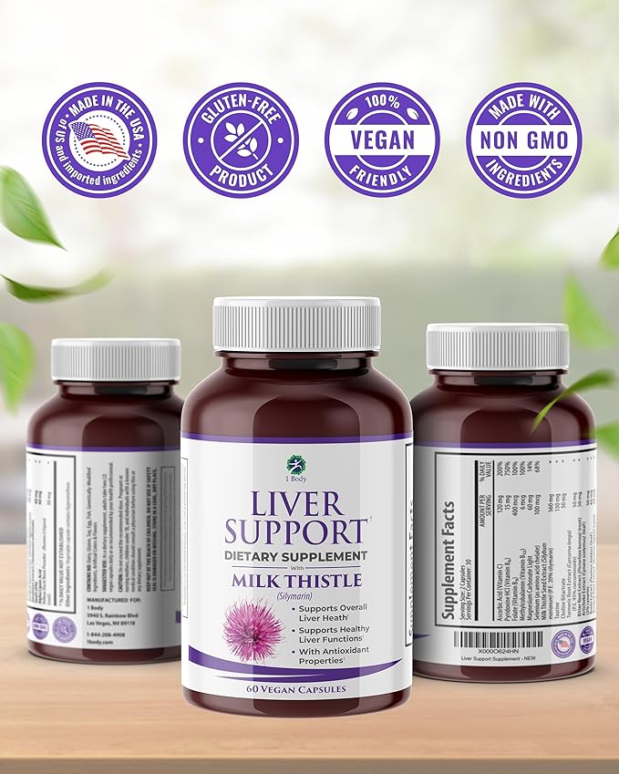 1 Body Liver Support Supplement with Milk Thistle, Turmeric, Dandelion, Artichoke, B12, 60 Vegan Silymarin Capsules