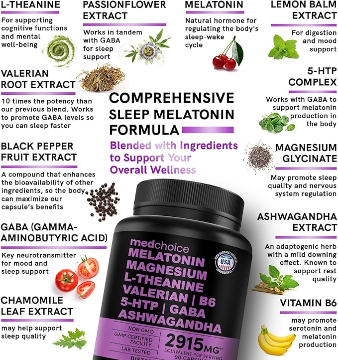 12-in-1 Melatonin Sleep Capsules - Natural Sleep Aids for Adults with Melatonin 5mg and Magnesium Glycinate 500mg, Sleep Aid with Ashwagandha, L Theanine, Valerian Root, GABA, 5-HTP (90ct, Pack of 3)