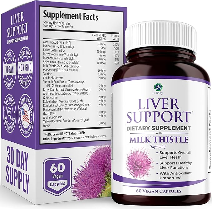 1 Body Liver Support Supplement with Milk Thistle, Turmeric, Dandelion, Artichoke, B12, 60 Vegan Silymarin Capsules