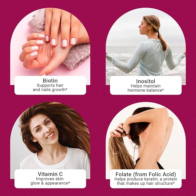 Hair Skin and Nails Gummies, Extra Strength Biotin Gummies with Folic Acid, Inositol and Vitamins, PCOS Symptom Relief & Hormone Balance, Sugar-Free Strawberry & Coconut Flavor, 60 Gummies