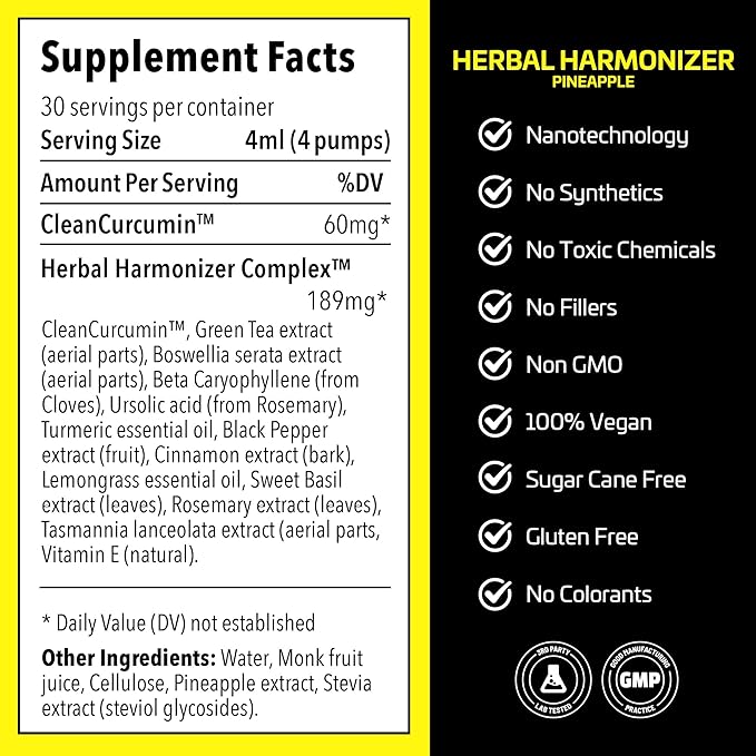 Herbal Harmonizer with CleanCurcumin(TM) - Multi Botanical Antioxidants Supplement - Water Soluble - Nano Curcumin - Holistic Wellness Defender - Healthy Drink Mix (4 fl.oz, Pineapple)
