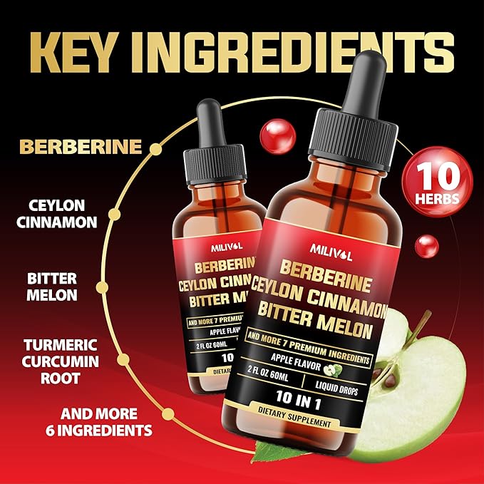 10in1 Liquid Drops Berberine with Ceylon Cinnamon Bitter Melon Turmeric Ginger Gymnema Sylvestre and More - 2 Fl Oz