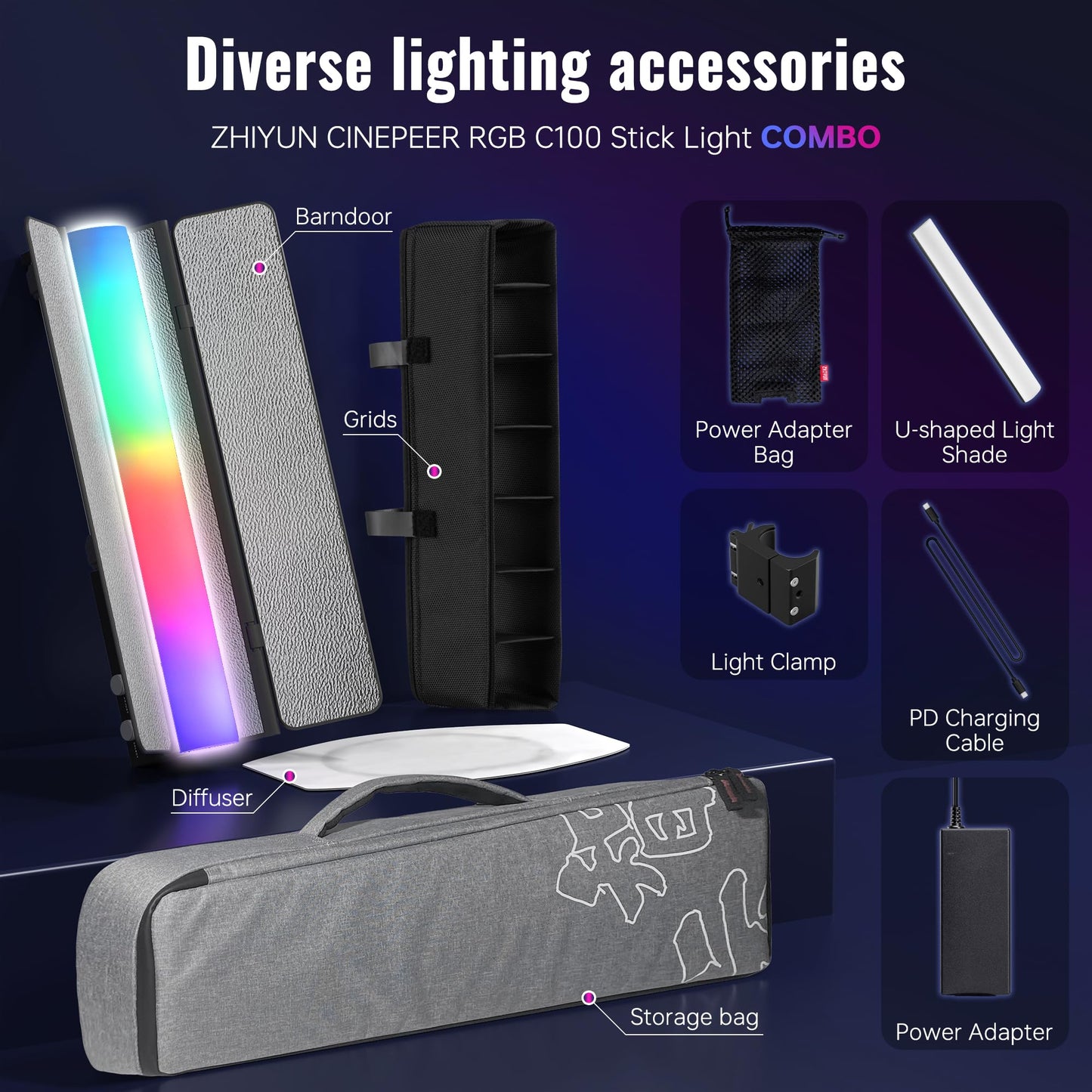 ZHIYUN CINEPEER C100 100W RGB Stick Light [Official] LED APP Control Video Light Wand Handheld 2700K-6500K CRI 95+ TLCI 98+ Continuous Output Lighting for 6*4500 mAh Photography 14.3" Tube Light COMBO