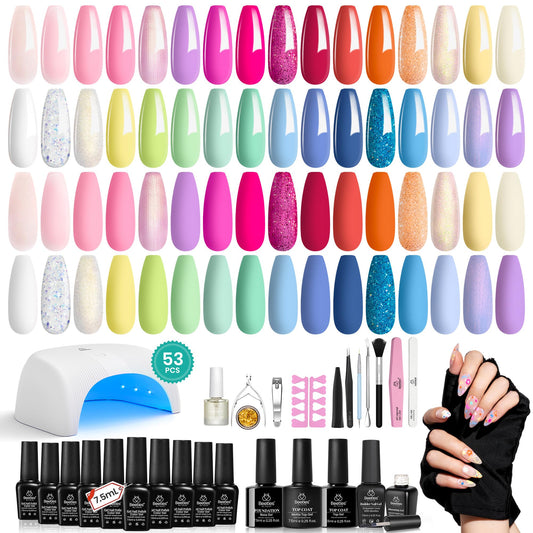Beetles 53Pcs Gel Nail Polish Kit with UV Light Starter Kit, 32 Colors Pastel Pink Blue Green Summer Gel Polish Set with 3Pcs Base Gel Top Coat Led Nail Lamp Builder Blomming Gel Nail Gloves Gift Set