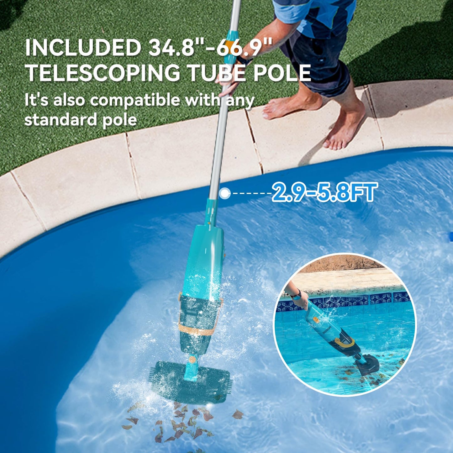 LVKE L2 Cordless Handheld Pool Vacuum for Above Ground Pool with Telescopic Pole, Strong Suction Power, 1H Runtime, High-Efficiency Screen & Fine Sponge, Ideal for Deep Pool Cleaning, Blue
