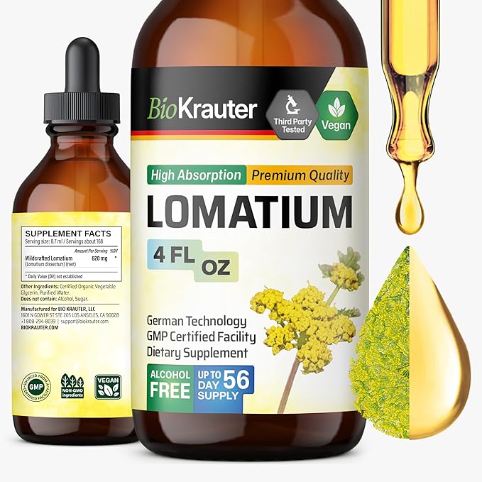 BIO KRAUTER Lomatium Tincture - Immune and Lung Support Supplement - Alcohol and Sugar Free Vegan Lomatium Root Tincture - 4 Fl.Oz.