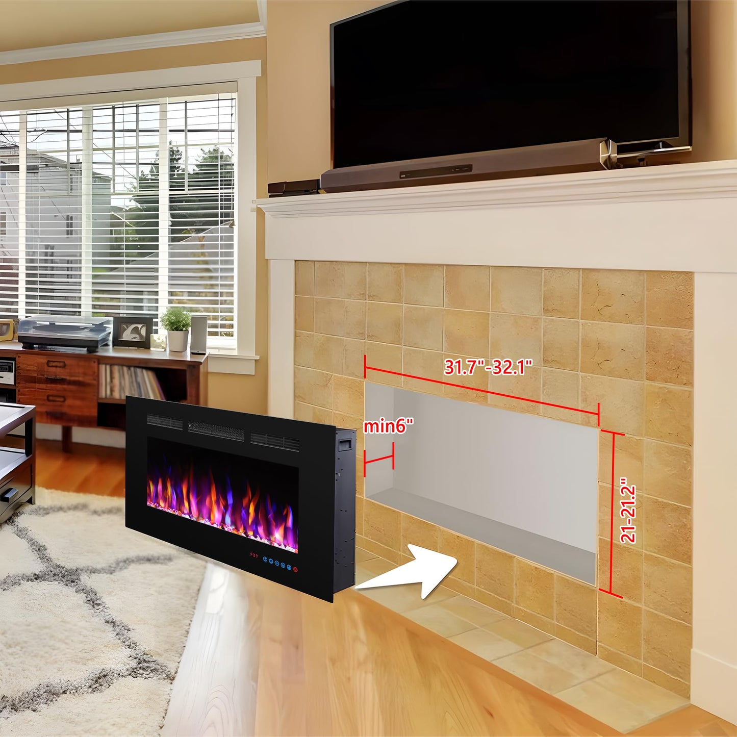 Valuxhome 36" Electric Fireplace, WiFi App Control, Wall-Mount & Recessed, 3 Flame Colors, 5 Brightness, Overheating Protection, Touch Screen, 750/1500W,Timer,Hard-Wire