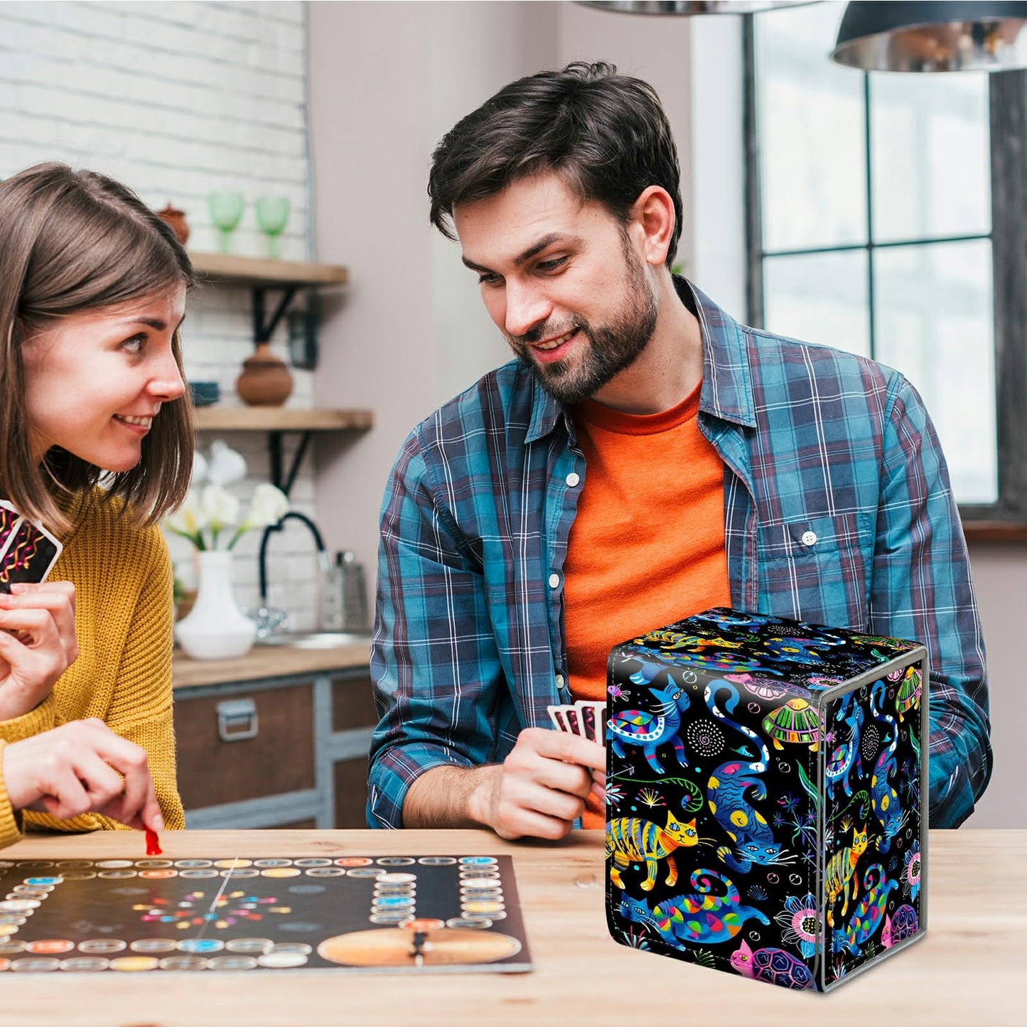 BREIDMKFM Card Deck Box for Trading Cards, MTG Commander Deck Box Fits 100+ Single Sleeved Cards, Leather Magnetic Card Storage Box for YuGiOh TCG CCG Cards, Art Cats