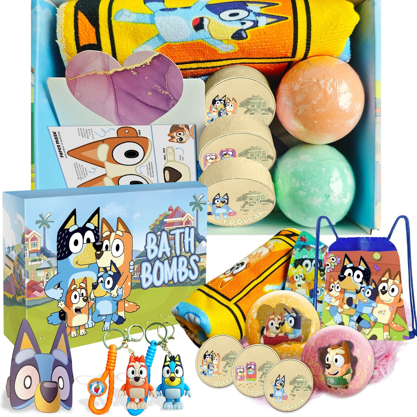 The Blue Heelers Gifts Set: Bath Bombs with Toys Inside, Shower Steamers, Mask Craft, Keychain, Drawstring Backpack, Towel, Blanket, Sticker, Poster, Gift Card, Birthday Gifts for Kids Boys Girls