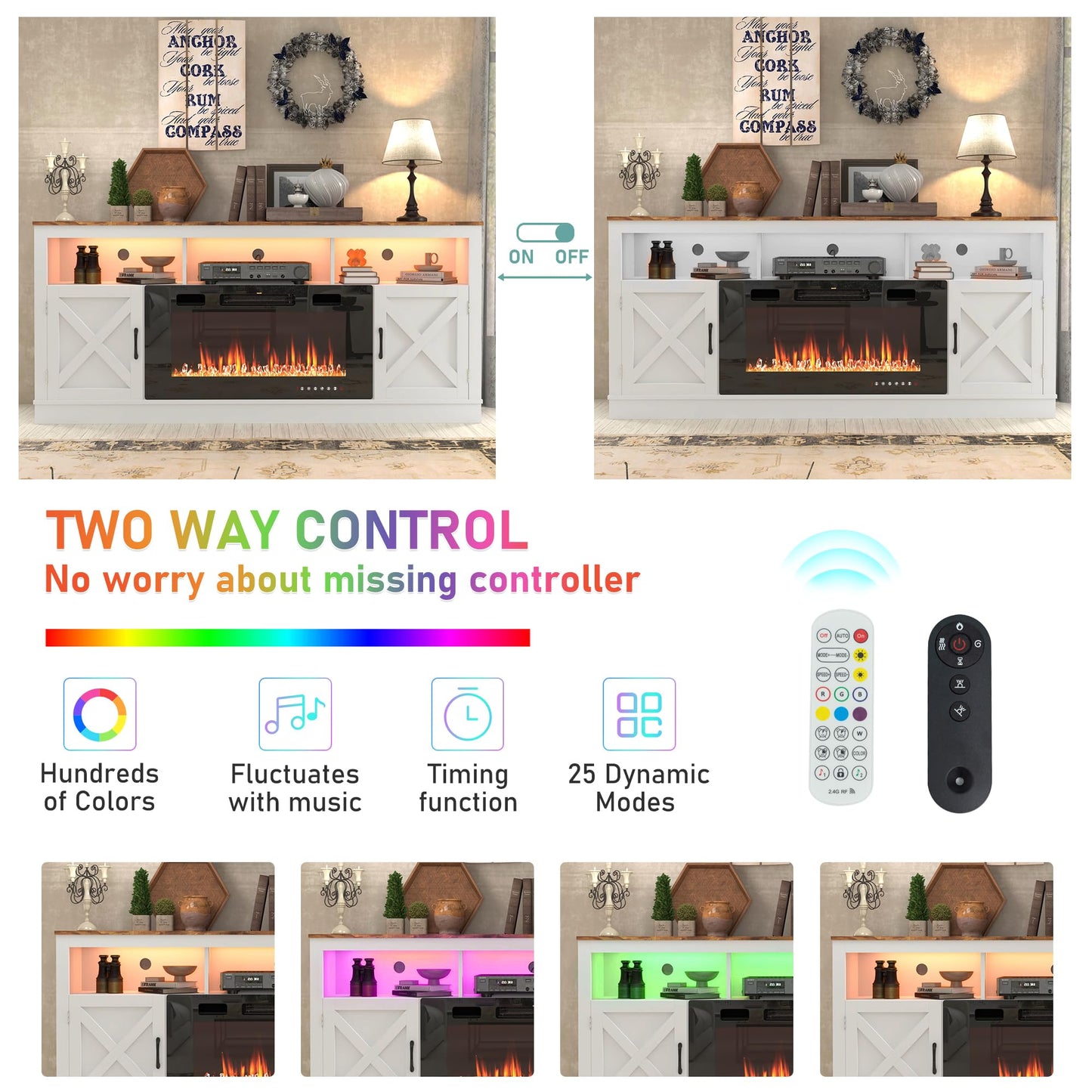 jiteentarou Farmhouse Fireplace TV Stand for 70/75/80 Inch TV, 32”Tall Entertainment Center w/ 36”Electric Fireplace and LED Light, 70”Media Console w/Barn Door Cabinet for Living Room, White