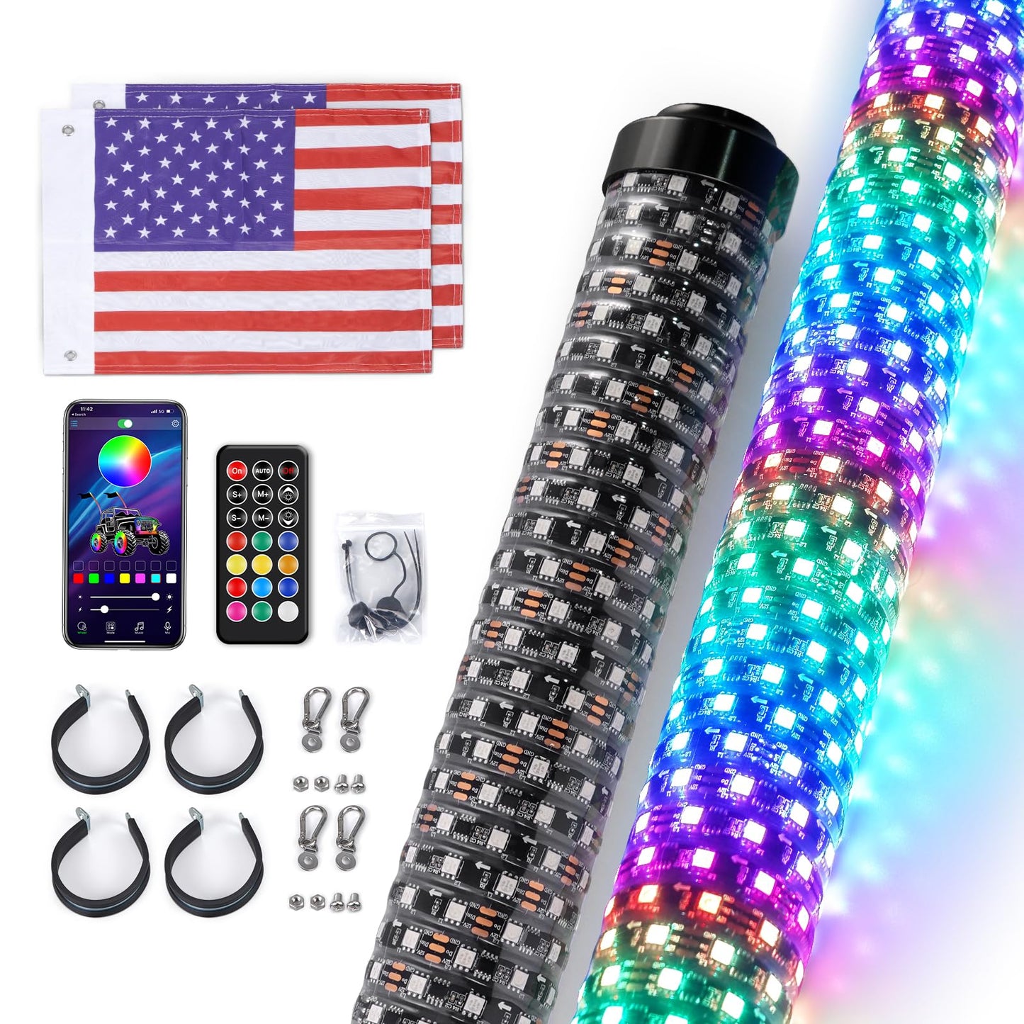 Bevinsee 2PCS 3FT Fat Whip Lights for UTV ATV, Spiral RGB Chasing/Dancing LED Whip Lights with APP & Remote Control, Antenna Lighted Whips for RZR SXS Can-Am Dune Buggy Offroad Truck