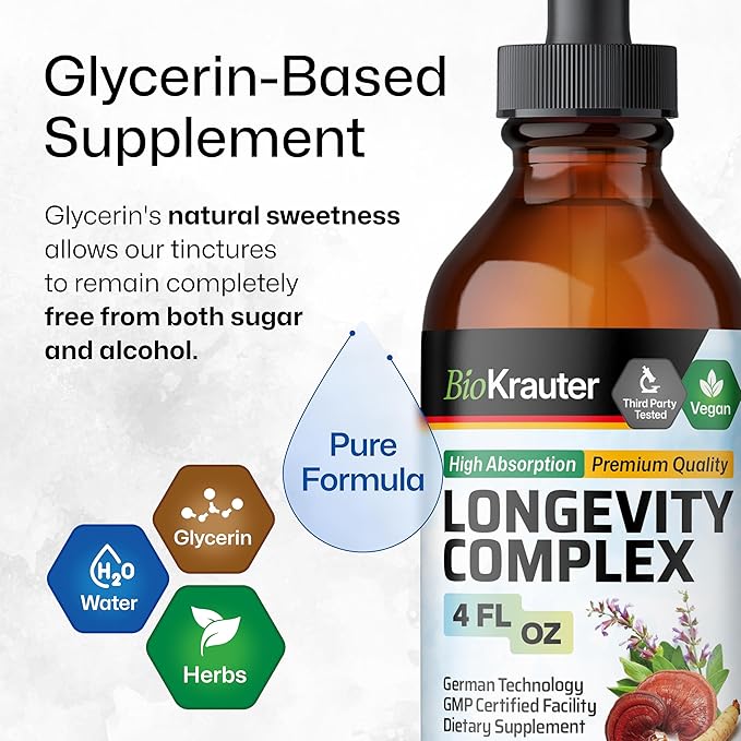 BIO KRAUTER Longevity Mushroom Supplement - Liquid Reishi Mushroom Complex with Goat’s Rue & Red Ginseng Root Extract - Vegan Tincture - Alcohol & Sugar Free Drops 4 Fl.Oz.