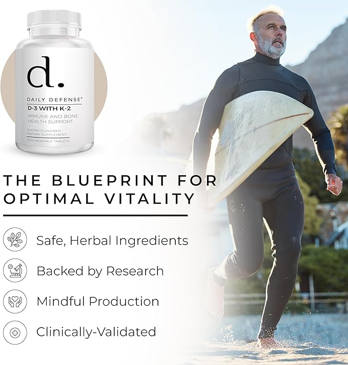 Immune Defense Supplements Vitamin D3 K2 2000IU for Heart Health, Daily Immune Support, Mental Clarity, & Muscle Function - 100 Chewable Tablets