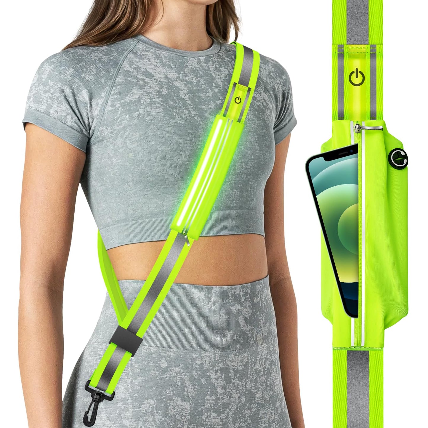 Fokia Kunbio LED Reflective Belt Sash for Walking at Night, Night Running Safety Gear High Visibility Rechargeable LED Light Up Running Belt for Runners Walkers Men Women (Green)