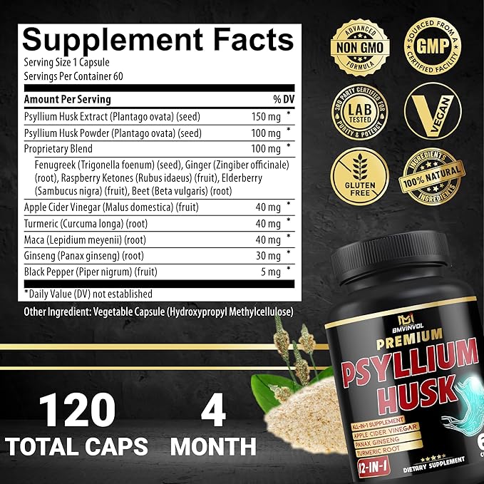 BMVINVOL (2 Packs) Premium Psyllium Husk Capsules - 4 Months Supply - Ginger, Fenugreek, Turmeric - Psyllium Fiber Capsules for Supports Digestion & Regularity