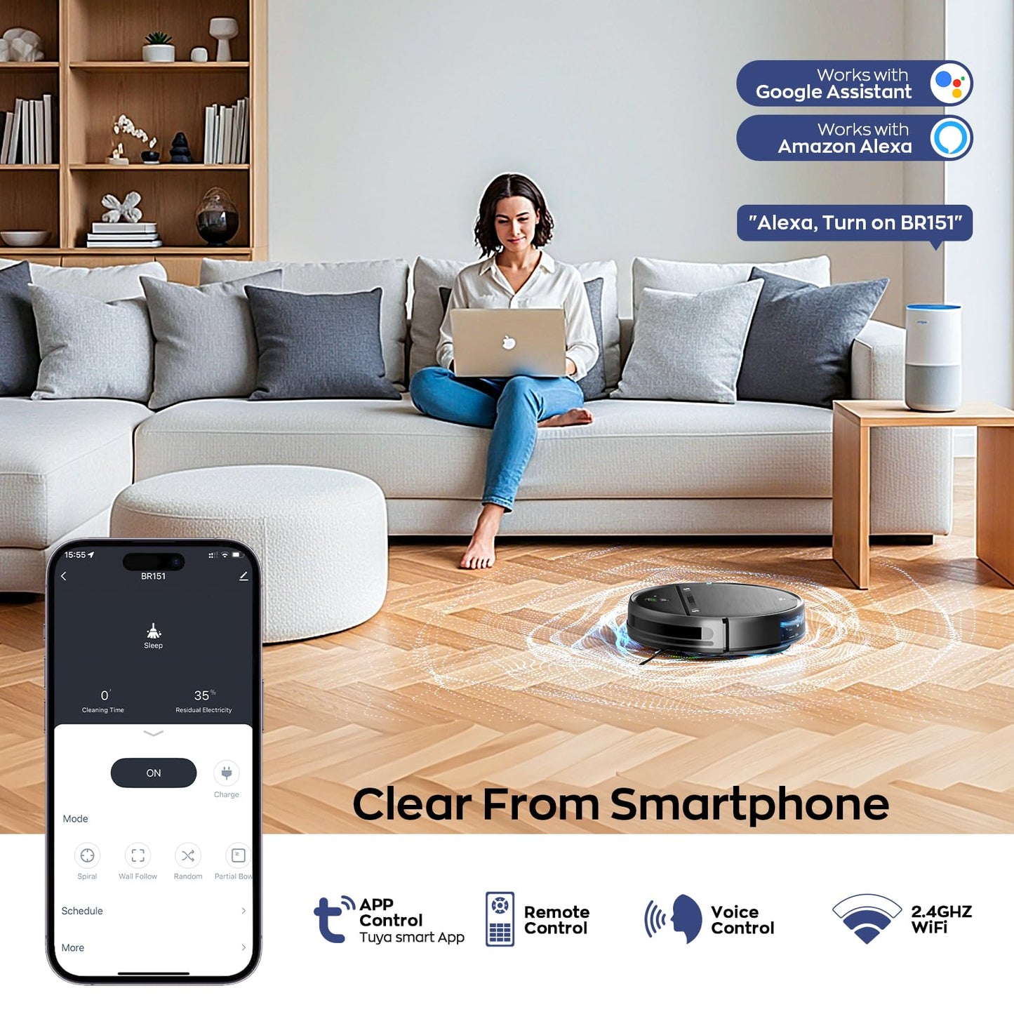 Robot Vacuum and Mop Combo, 2-in-1 Mopping Robot Vacuum Cleaner with 2300Pa Suction, 2.87'' Slim Design, Wi-Fi/App/Voice Control, 3D Obstacle Avoidance&Self-Charging for Hard Floors, Carpets, Pet Hair