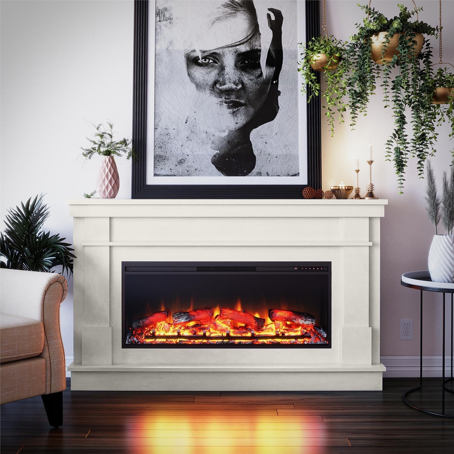Ameriwood Home Elmcroft 64 Inch Electric Fireplace with Mantel, Replaceable Fireplace Insert Heater, Remote Control, Timer, Realistic Log and Flame Effect, for Living Room or Bedroom, Plaster