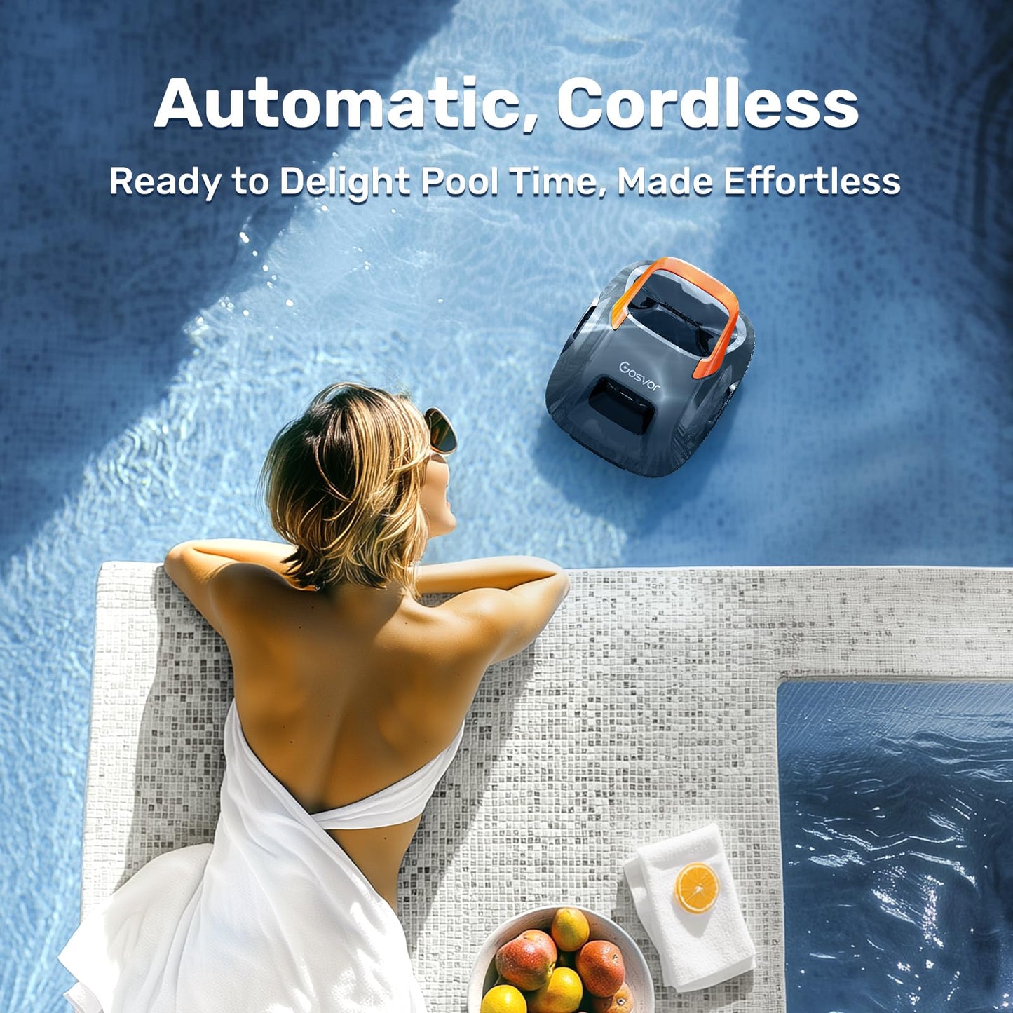 Gosvor Cordless Robotic Pool Cleaner, Lasts 90 Min, Automatic Vacuum for Above-Ground Pools up to 860 Sq.ft, Portable, Self-Parking, Orange