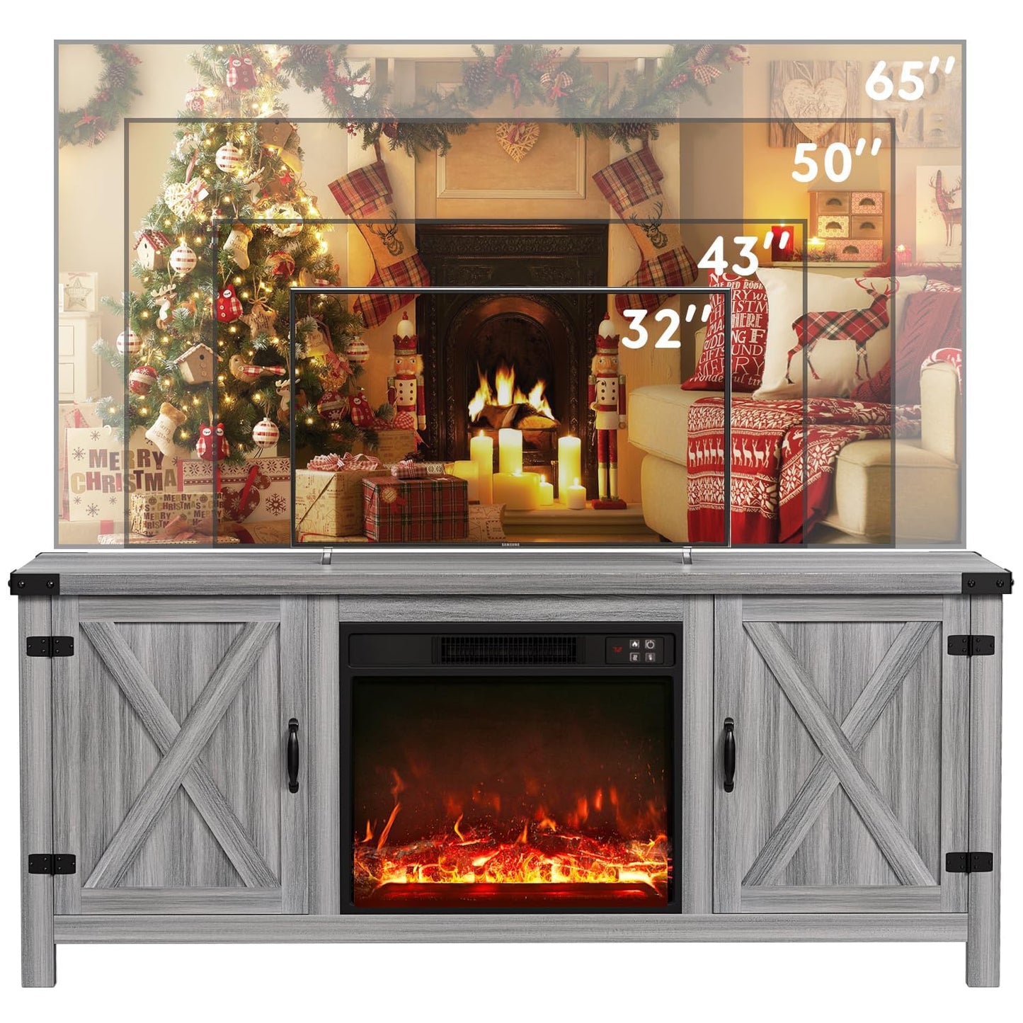 YESHOMY Fireplace TV Stand with Two Barn Doors and Storage Cabinets for Televisions up to 65+ Inch, Entertainment Center Console Table, Media Furniture for Living Room, 58 Inch, Gray Wash