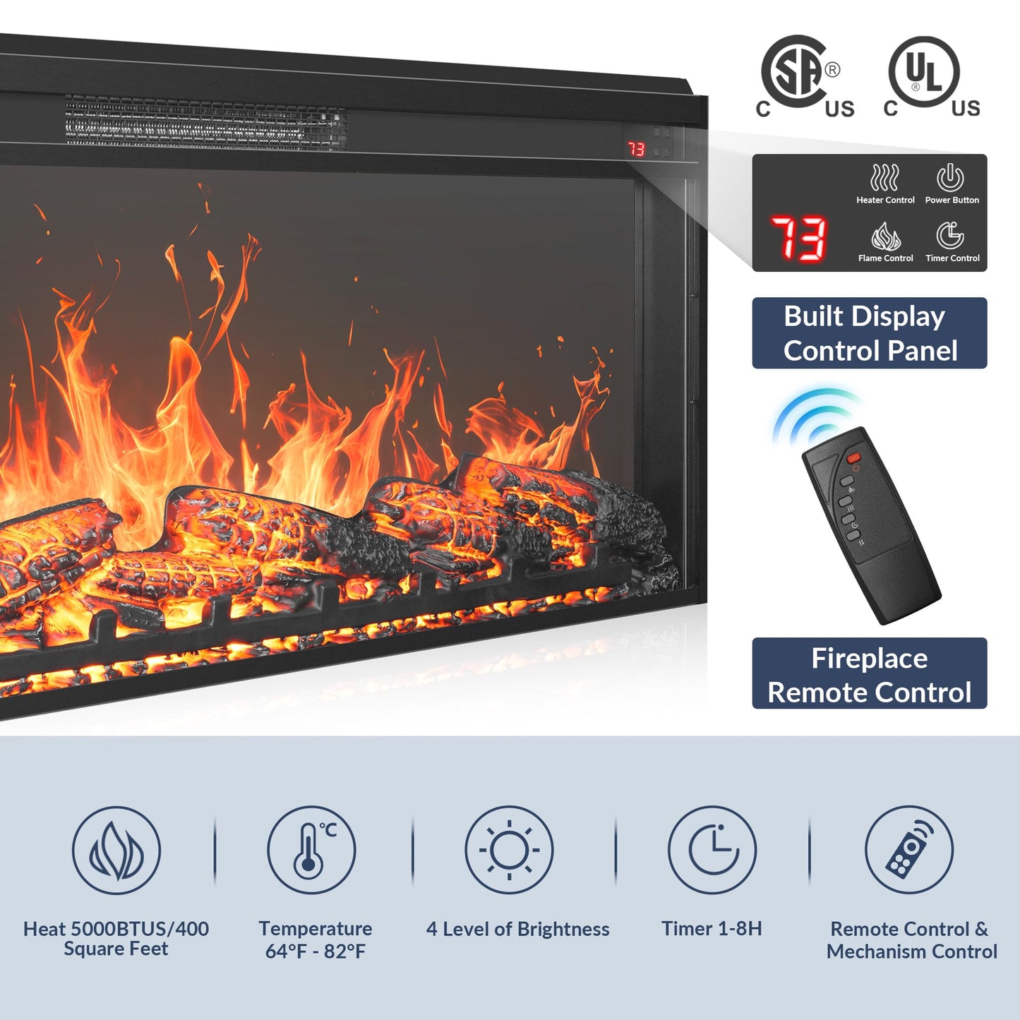 BELLEZE 74 Inch Rustic TV Stand with 48" Electric Fireplace, Extra Large Entertainment Center with Storage Cabinets & 4 Drawers, Media Console Table for Living Room Bedroom (Camel)