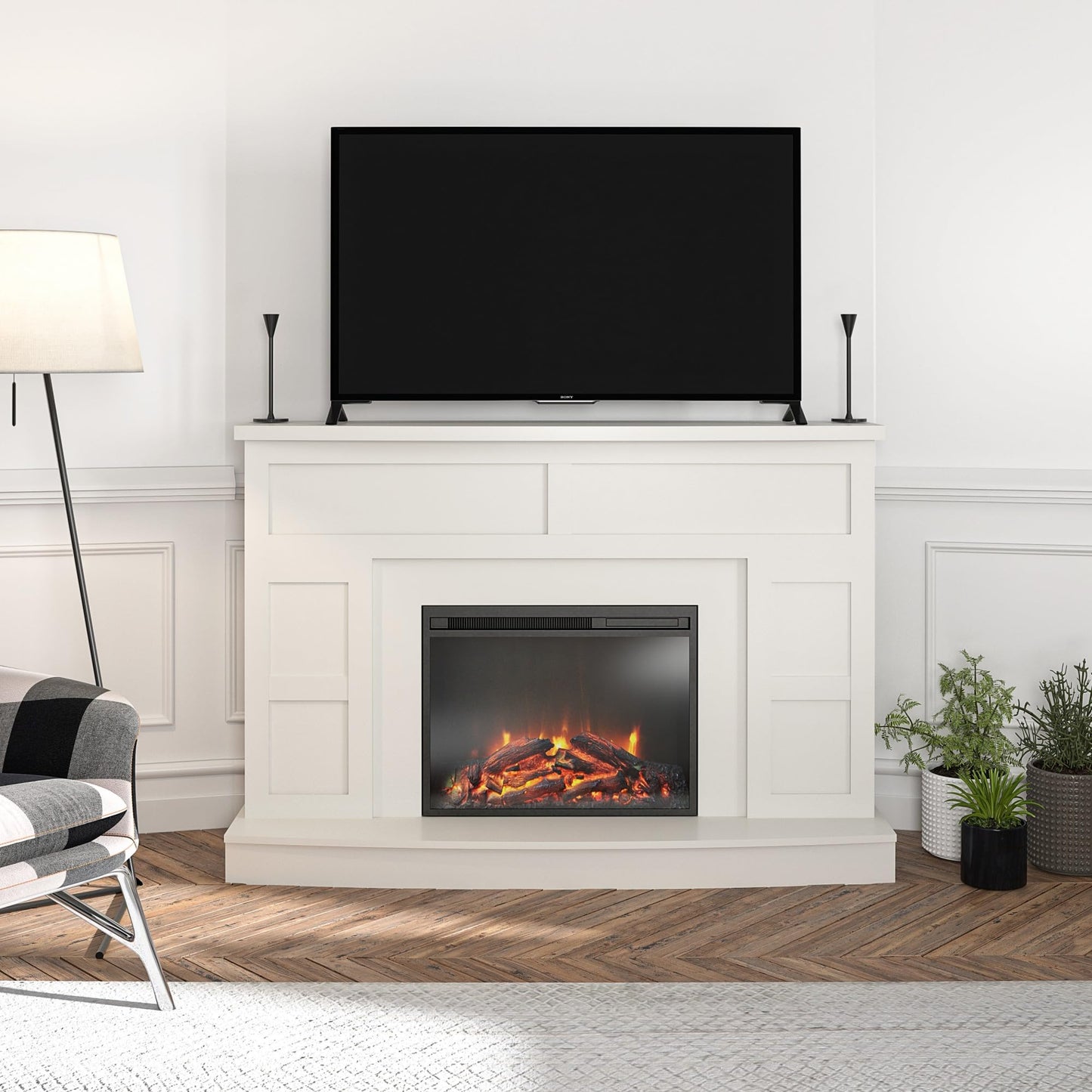 Ameriwood Home Barrow Creek 53.5 Inch Electric Fireplace with Mantel, Replaceable Fireplace Insert Heater, Remote Control, Timer, Realistic Log and Flame Effect, for Living Room or Bedroom, White