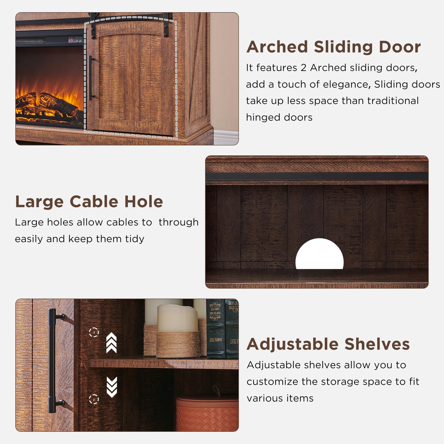 OKD Farmhouse Fireplace TV Stand for 70+ Inch TV, 33" Tall Highboy Entertainment Center with 23" Electric Fireplace, Rustic Media Console w/Sliding Arched Door for Living Room,Reclaimed Barnwood